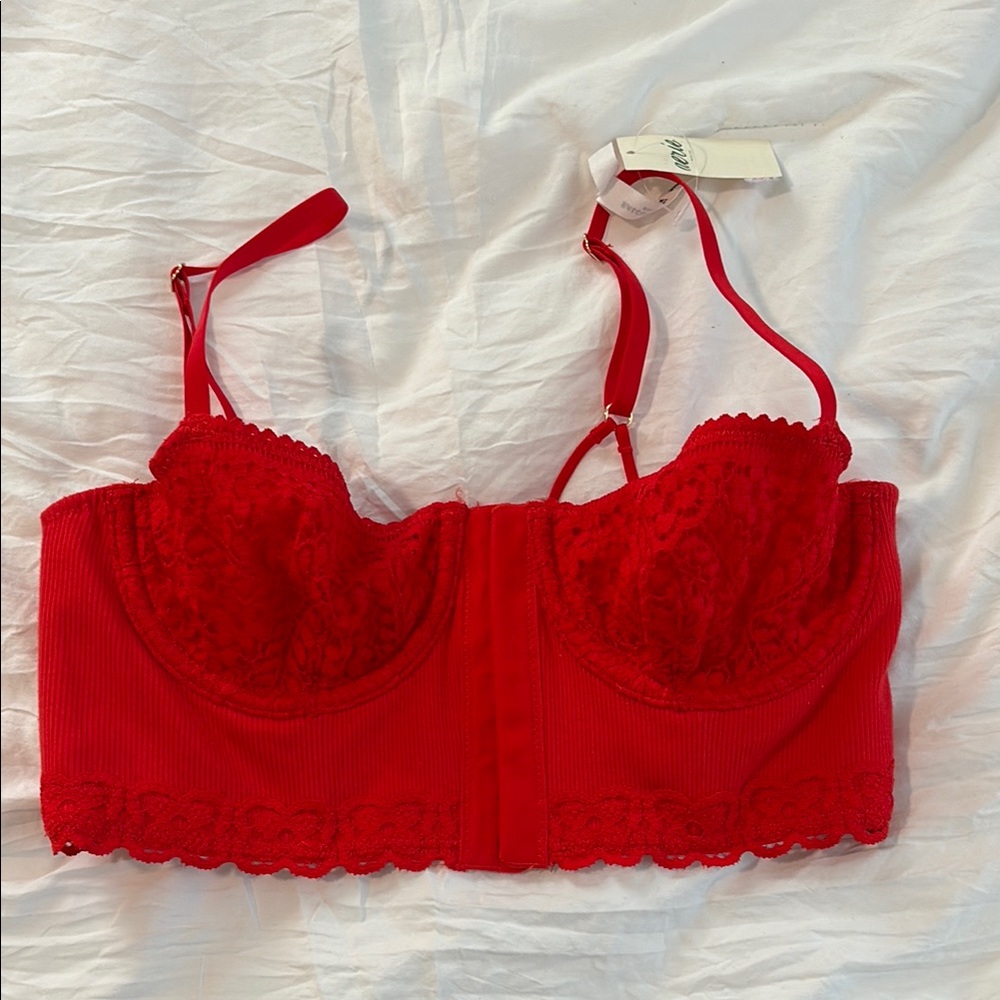 Aerie Red Lace Bra with Scalloped Edges